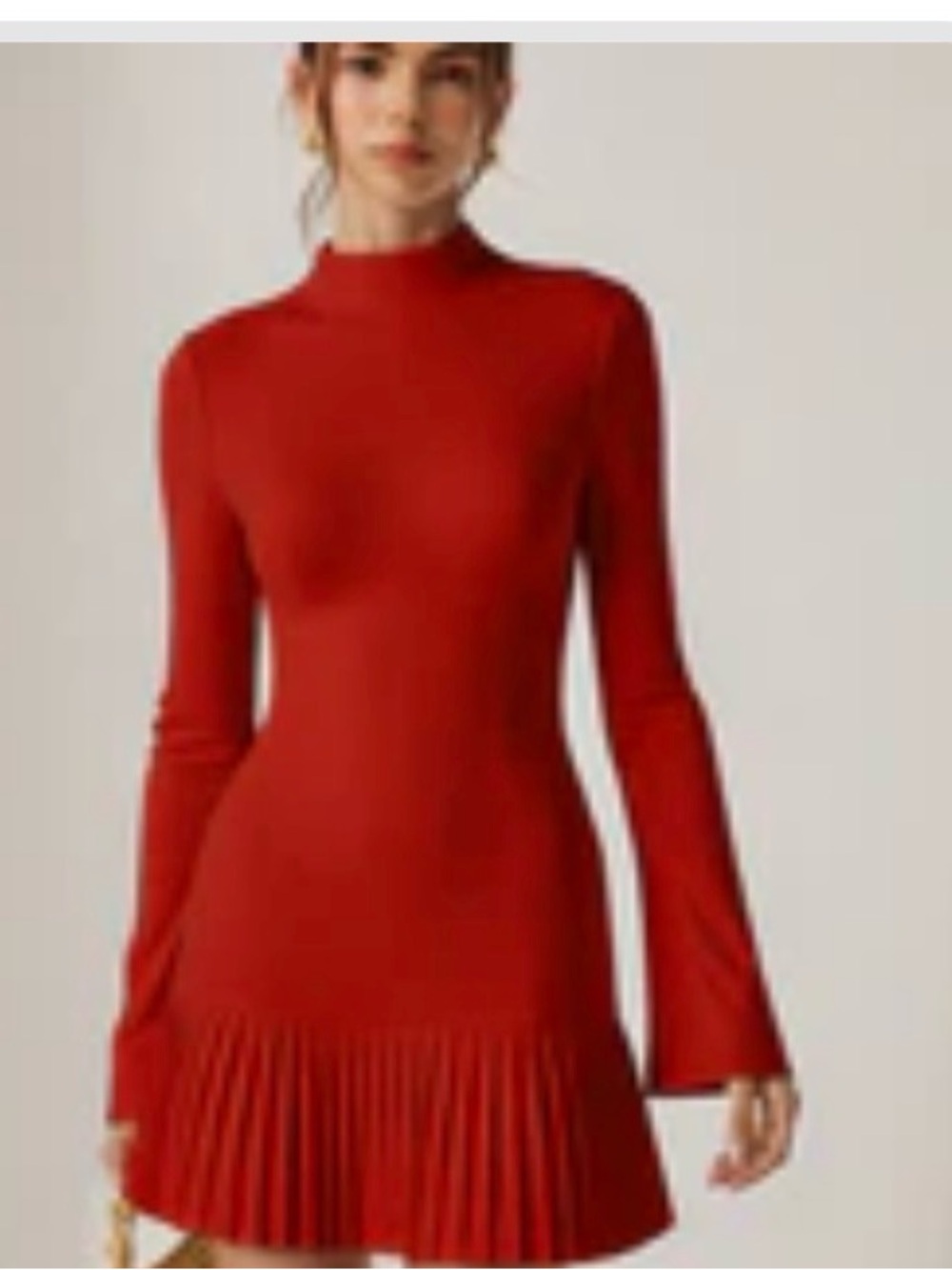 Commense Pleated Hem Mock Neck Mini Dress Red Long Sleeve Size M